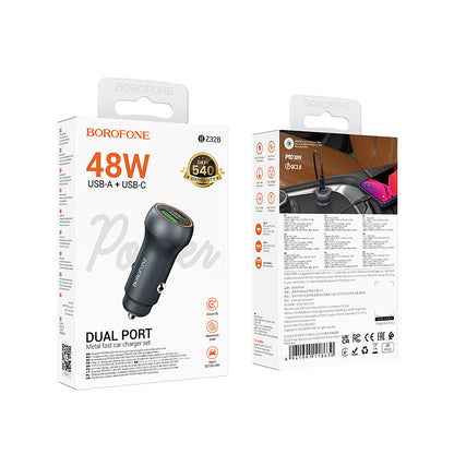 Auto punjač Borofone BZ32B Fresh, 48W, 3A, 1 x USB-A - 1 x USB-C, Sivi