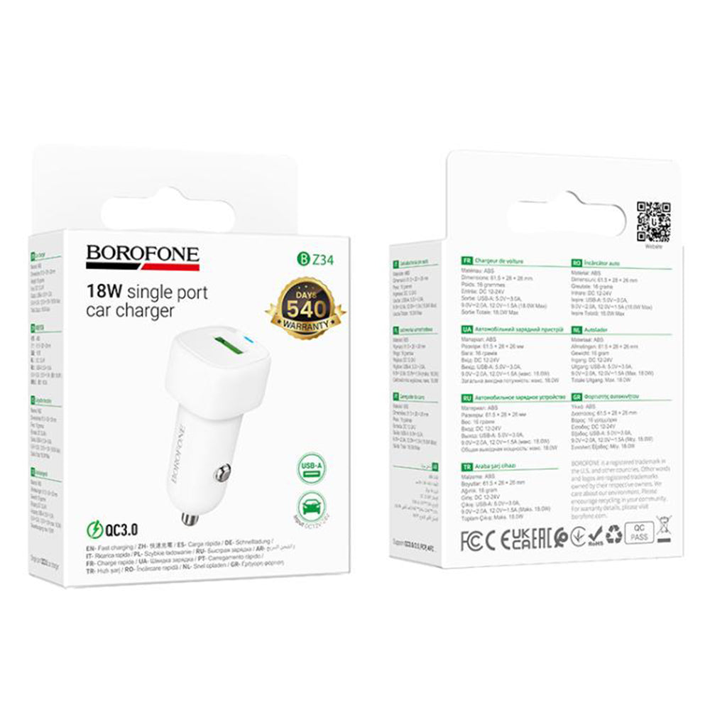 Auto punjač Borofone BZ34 Cloud, 18W, 3A, 1 x USB-A, Bijeli