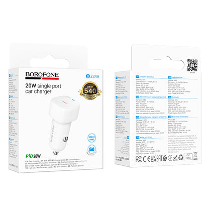 Auto punjač Borofone BZ34A Cloud, 20W, 3A, 1 x USB-C, Bijeli