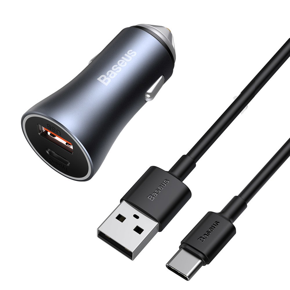 Auto punjač s USB-C kabelom Baseus Golden Contactor, 40W, 5A, 1 x USB-A - 1 x USB-C, sivi TZCCJD-0G