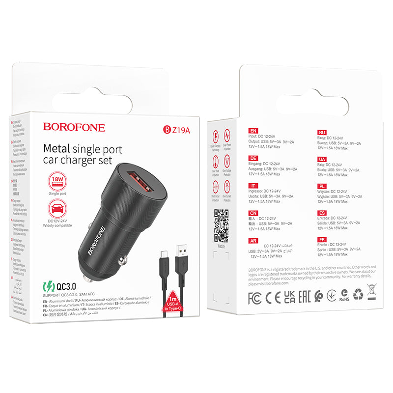 Car Charger with USB-C Cable Borofone BZ19A Wisdom, 18W, 3A, 1 x USB-A, Black 