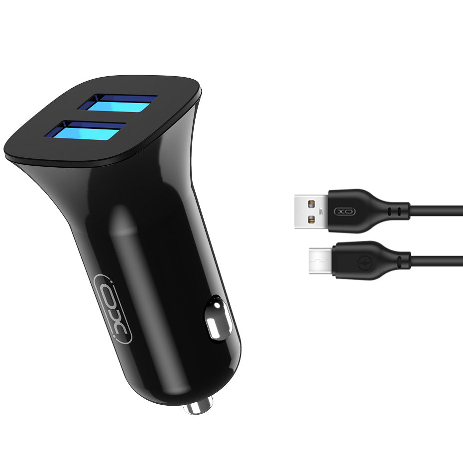 Auto punjač s USB-C kabelom XO Design TZ10, 12W, 2.4A, 2 x USB-A, Crni