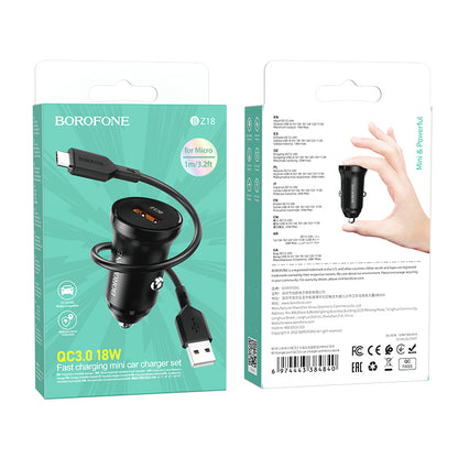 Auto punjač s microUSB kabelom Borofone BZ18, 18W, 3A, 1 x USB-A, Crni