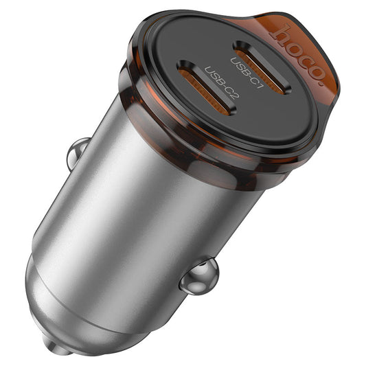 Auto punjač s Lightning kabelom HOCO NZ16B, 45W, 3A, 2 x USB-C, Sivi