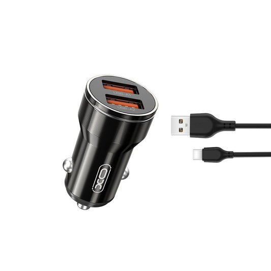 Auto punjač s USB-C kabelom XO Design CC48, 12W, 2.4A, 2 x USB-A, Sivi