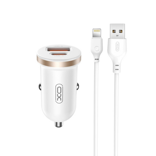 Auto punjač s Lightning kabelom XO Design CC56, 30W, 3A, 1 x USB-A - 1 x USB-C, Bijeli