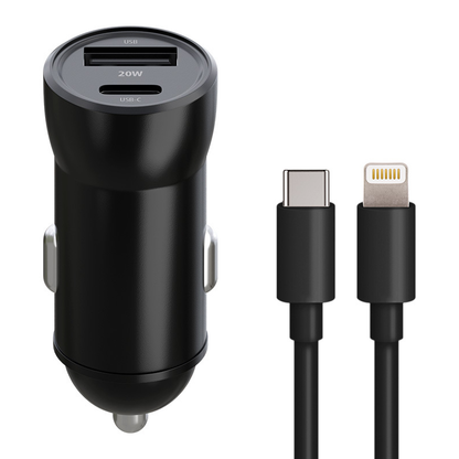 Auto punjač s Lightning kabelom MaXlife MXCC-04, 20W, 3A, 1 x USB-A - 1 x USB-C, Crni