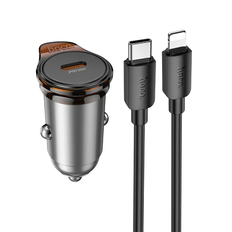 Auto punjač s Lightning kabelom HOCO NZ16, 30W, 3A, 1 x USB-C, Sivi
