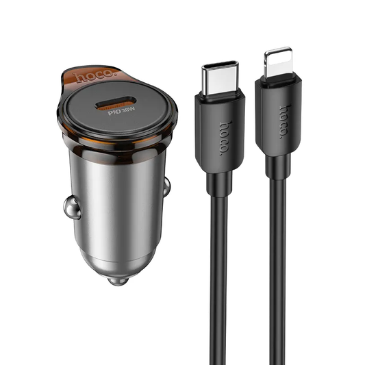 Auto punjač s Lightning kabelom HOCO NZ16, 30W, 3A, 1 x USB-C, Sivi