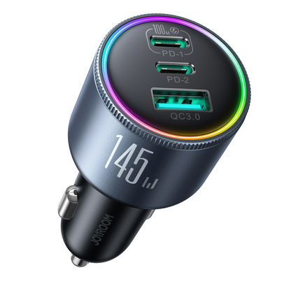 Auto punjač s USB-C kabelom Joyroom JR-CCN07, 145W, 5A, 1 x USB-A - 2 x USB-C, Sivi