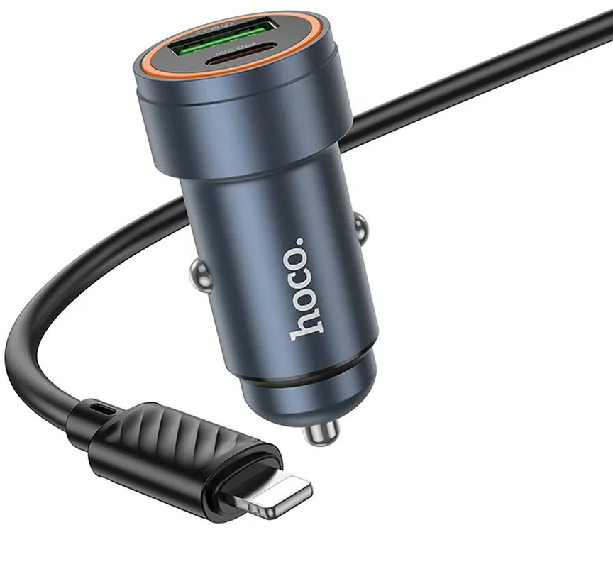 Auto punjač s Lightning kabelom HOCO Z57A, 30W, 3A, 1 x USB-A - 1 x USB-C, Sivi