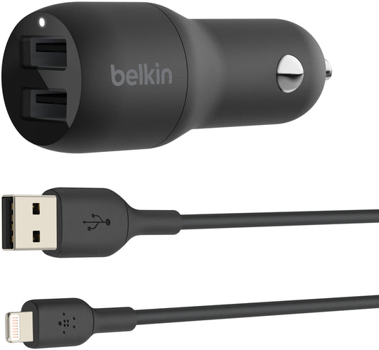 Auto punjač s Lightning kabelom Belkin BoostCharge Dual, 24W, 2.4A, 2 x USB-A, Crni CCD001bt1MBK