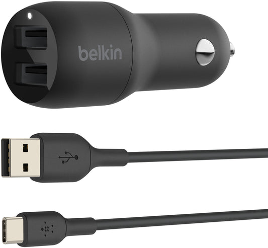 Auto punjač s USB-C kabelom Belkin BoostCharge Dual, 24W, 2.4A, 2 x USB-A, Crni CCE001bt1MBK