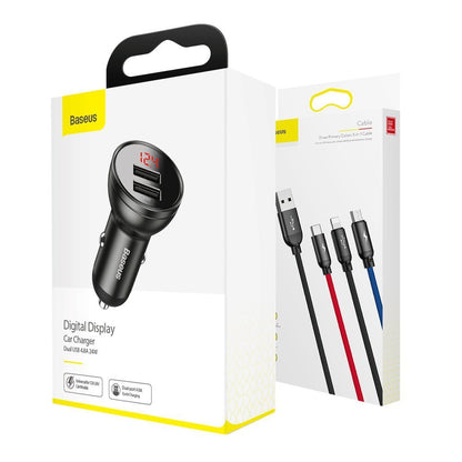 Auto punjač s kabelom Lightning - microUSB - USB-C Baseus Digital Display, 24W, 2.4A, 2 x USB-A, Sivi TZCCBX-0G