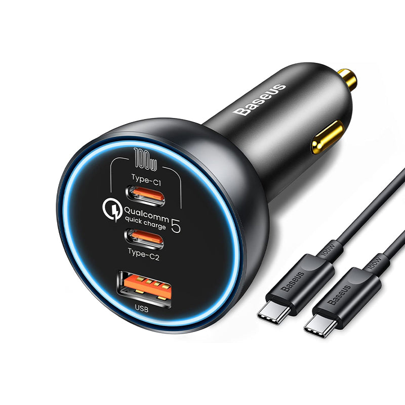 Auto punjač s USB-C kabelom Baseus Qualcomm, 160W, 3A, 1 x USB-A - 2 x USB-C, Sivi TZCCZM-0G