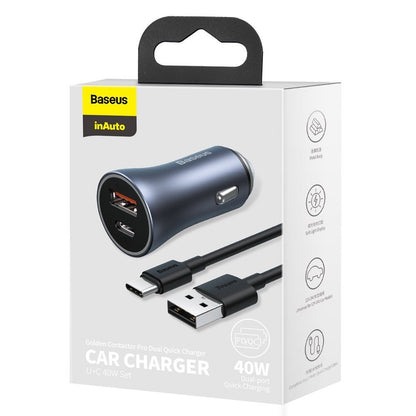 Auto punjač s USB-C kabelom Baseus Golden Contactor, 40W, 5A, 1 x USB-A - 1 x USB-C, sivi TZCCJD-0G