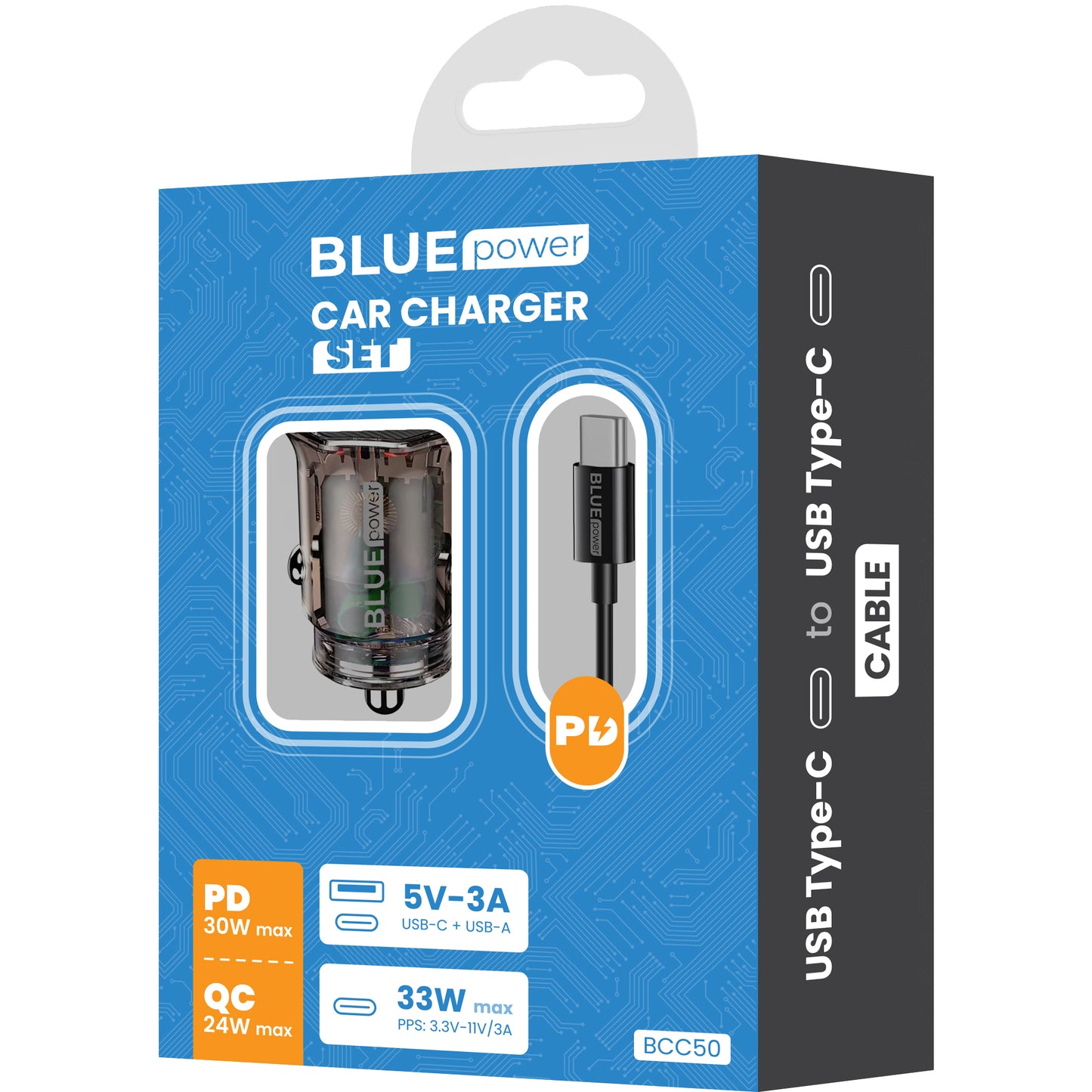 Auto punjač s USB-C kabelom BLUE Power BCC50, 33W, 3A, 1 x USB-A - 1 x USB-C, Crni