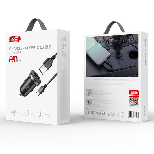 Auto punjač s USB-C kabelom XO Design CC56, 30W, 3A, 1 x USB-A - 1 x USB-C, Crni