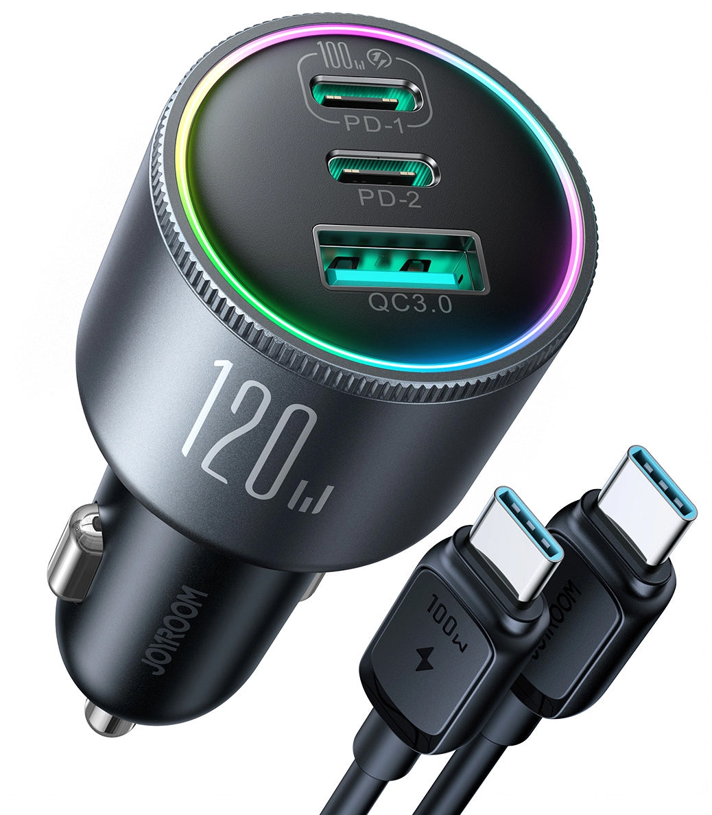 Auto punjač s USB-C kabelom Joyroom JR-CCN07, 120W, 5A, 1 x USB-A - 2 x USB-C, Crni