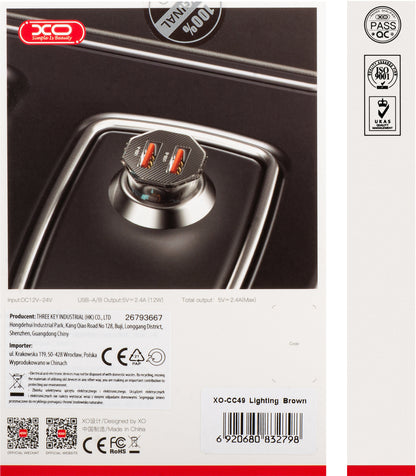Auto punjač s Lightning kabelom XO Design CC49, 12W, 2.4A, 2 x USB-A, smeđi
