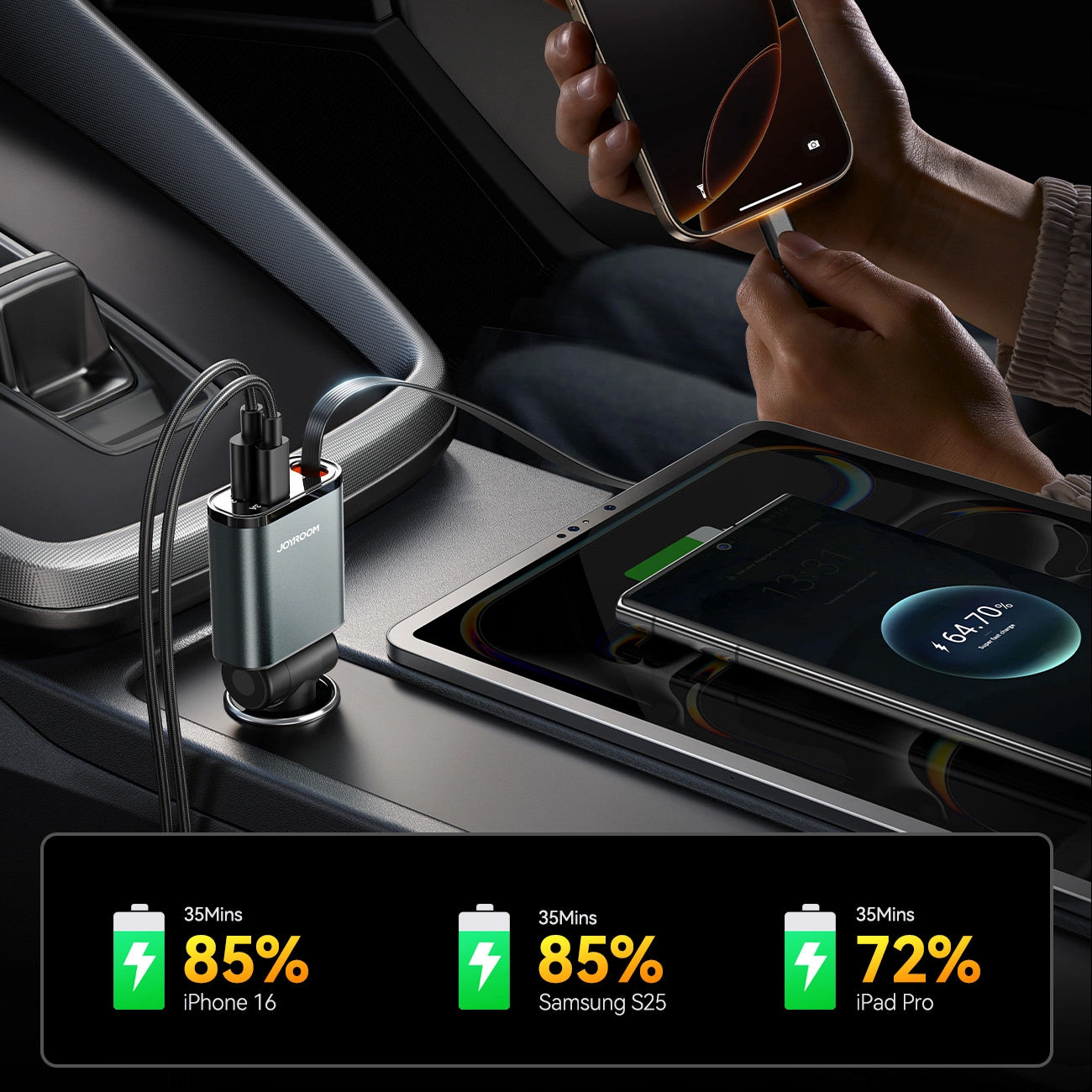 Auto punjač s USB-C kabelom Joyroom JR-CCL07, 30W, 3A, 1 x USB-A - 1 x USB-C, Sivi