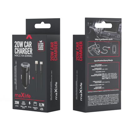 Auto punjač s Lightning kabelom MaXlife MXCC-04, 20W, 3A, 1 x USB-A - 1 x USB-C, Crni
