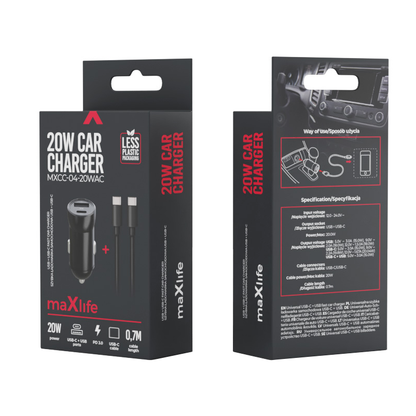 Auto punjač s USB-C kabelom MaXlife MXCC-04, 20W, 3A, 1 x USB-A - 1 x USB-C, Crni