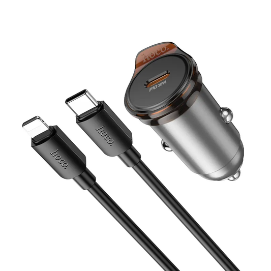 Auto punjač s Lightning kabelom HOCO NZ16, 30W, 3A, 1 x USB-C, Sivi