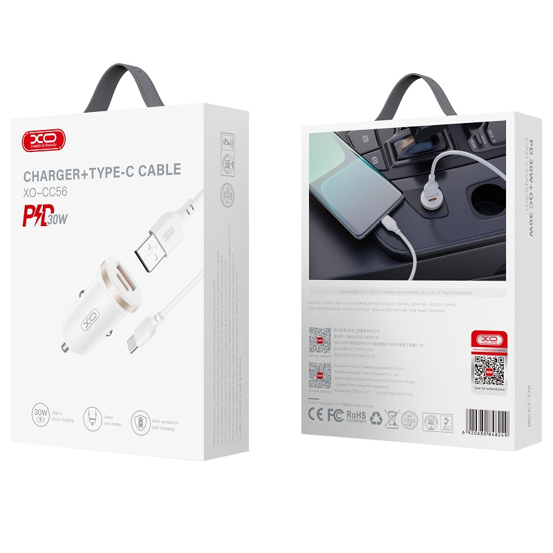 Auto punjač s USB-C kabelom XO Design CC56, 30W, 3A, 1 x USB-A - 1 x USB-C, Bijeli