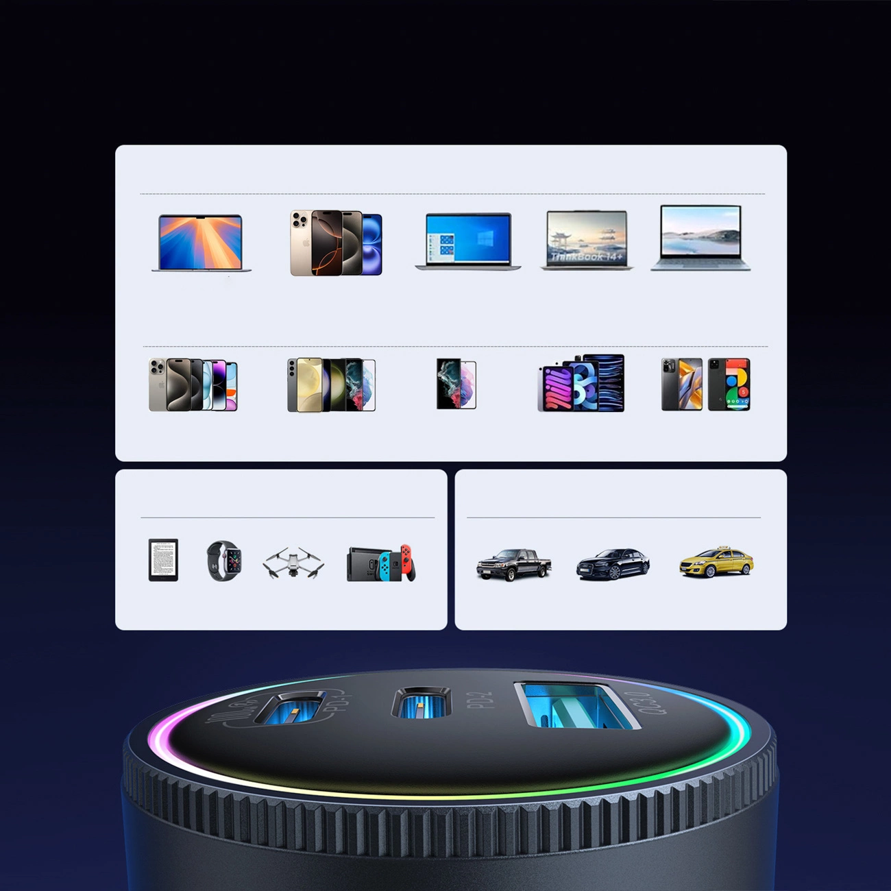 Auto punjač s USB-C kabelom Joyroom JR-CCN07, 145W, 5A, 1 x USB-A - 2 x USB-C, Sivi