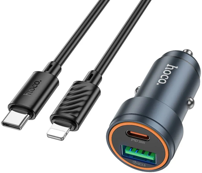 Auto punjač s Lightning kabelom HOCO Z57A, 30W, 3A, 1 x USB-A - 1 x USB-C, Sivi