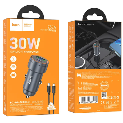 Auto punjač s USB-C kabelom HOCO Z57A, 30W, 3A, 1 x USB-A - 1 x USB-C, Sivi