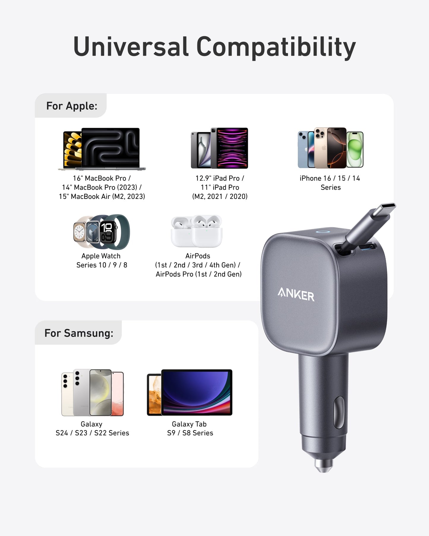 Auto punjač s USB-C kabelom Anker Nano, 75W, 3A, 1 x USB-C, Sivi A2738HA2
