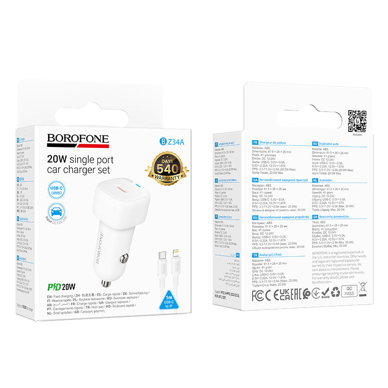 Auto punjač s Lightning kabelom Borofone BZ34B Cloud, 20W, 3A, 1 x USB-A - 1 x USB-C, Bijeli
