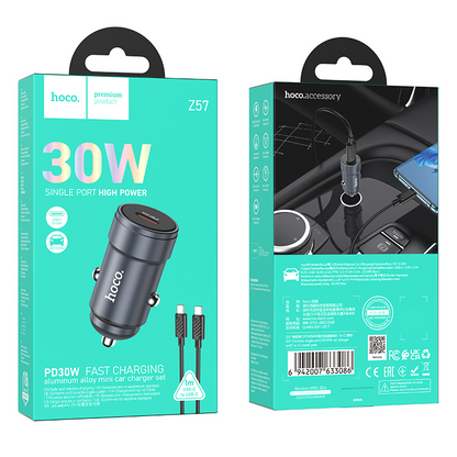Auto punjač s USB-C kabelom HOCO Z57, 30W, 3A, 1 x USB-C, Siva