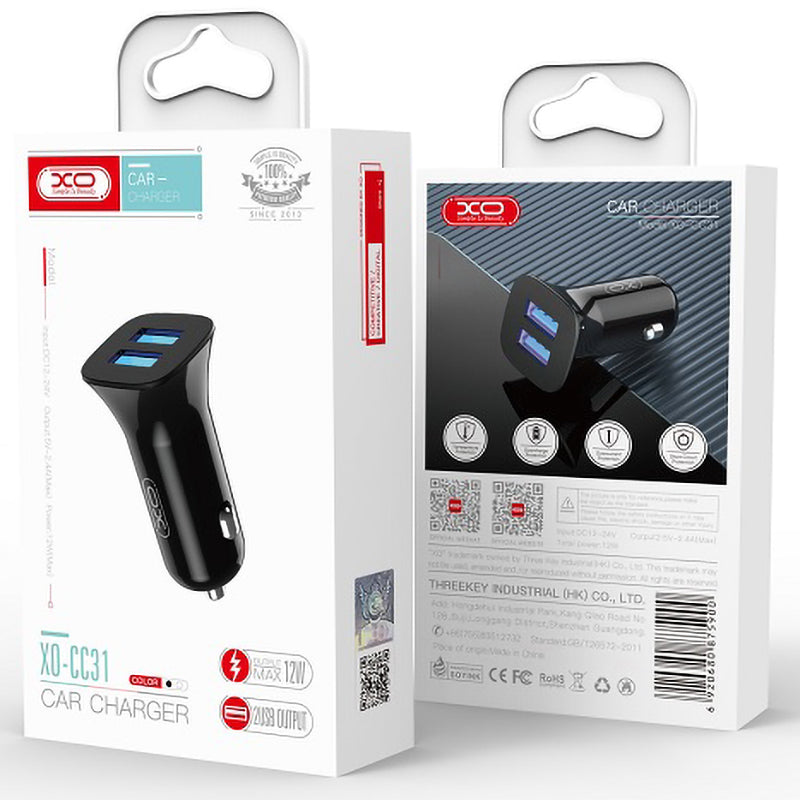 Auto punjač s USB-C kabelom XO Design TZ10, 12W, 2.4A, 2 x USB-A, Crni