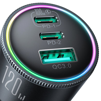 Auto punjač s USB-C kabelom Joyroom JR-CCN07, 120W, 5A, 1 x USB-A - 2 x USB-C, Crni