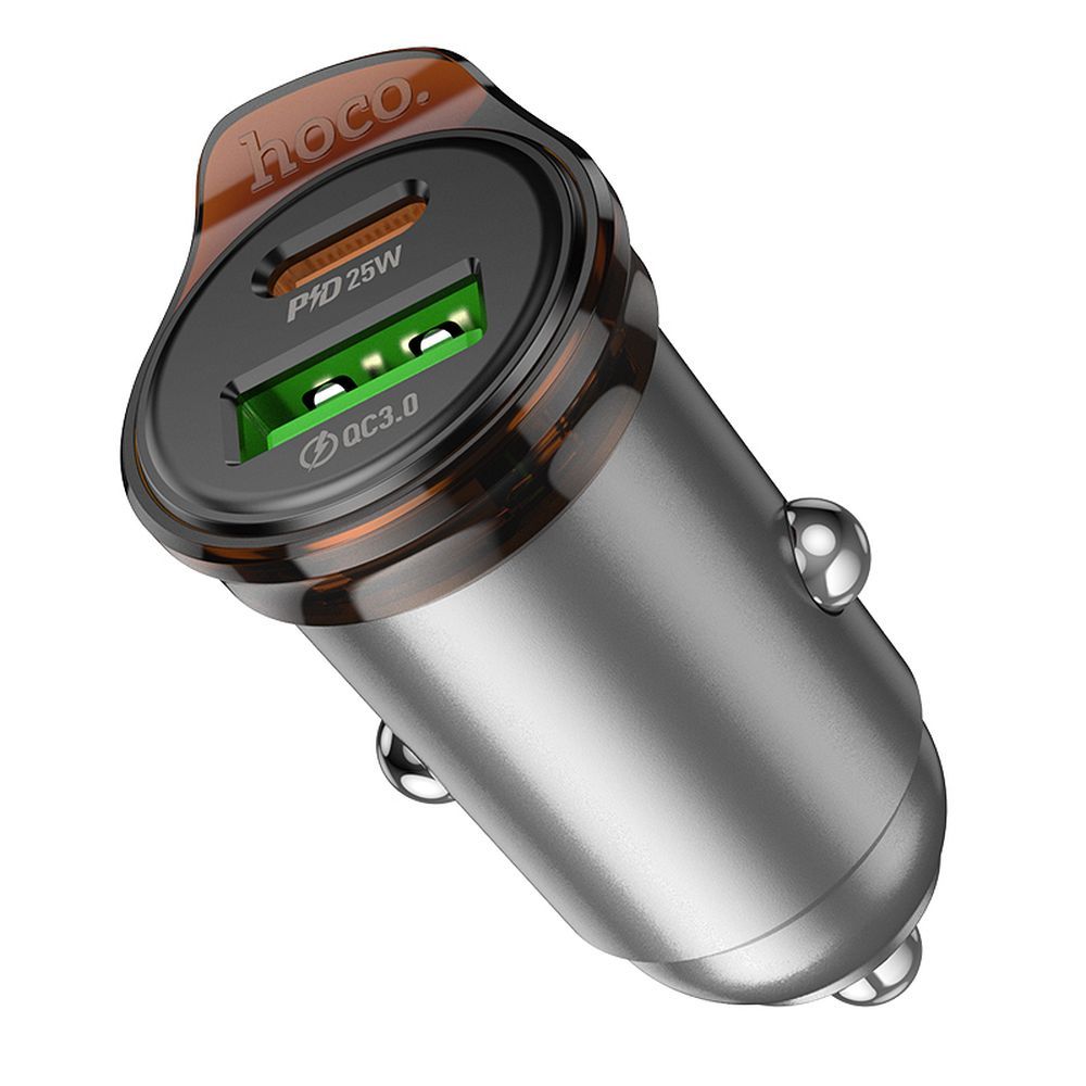 Auto punjač s Lightning kabelom HOCO NZ16A, 43W, 3A, 1 x USB-A - 1 x USB-C, Sivi