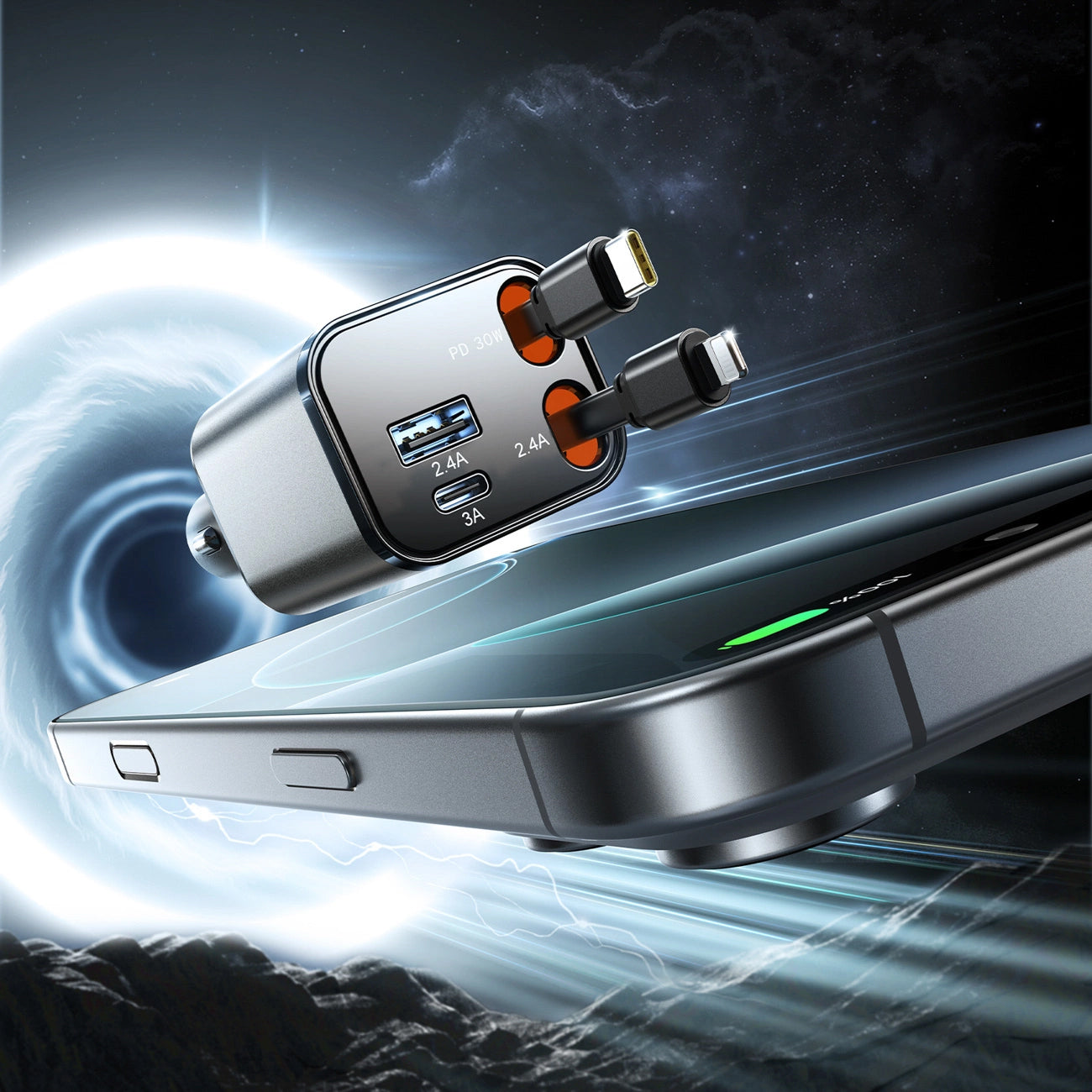 Auto punjač s USB-C / Lightning kabelom Joyroom JR-CCL05, 30W, 3A, 1 x USB-A - 1 x USB-C, Sivi