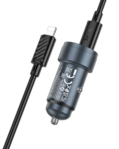 Auto punjač s Lightning kabelom HOCO Z57A, 30W, 3A, 1 x USB-A - 1 x USB-C, Sivi