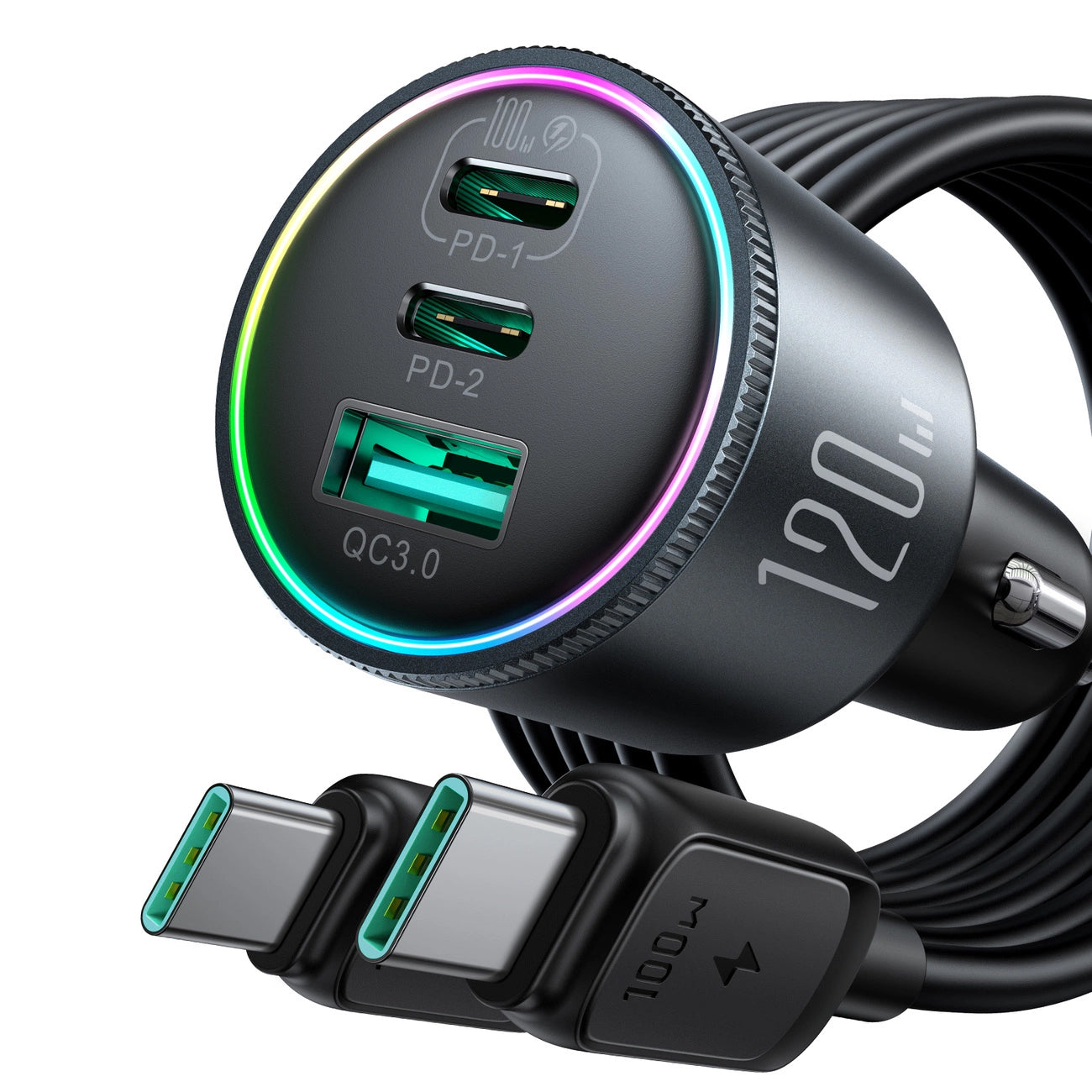 Auto punjač s USB-C kabelom Joyroom JR-CCN07, 120W, 5A, 1 x USB-A - 2 x USB-C, Crni