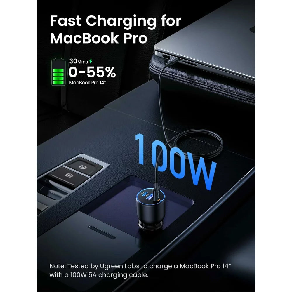 Auto punjač s USB-C kabelom UGREEN CD293, 130W, 5A, 1 x USB-A - 2 x USB-C, Crni