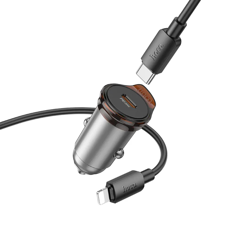Auto punjač s Lightning kabelom HOCO NZ16, 30W, 3A, 1 x USB-C, Sivi