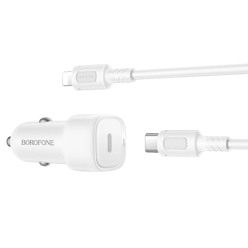 Auto punjač s Lightning kabelom Borofone BZ34B Cloud, 20W, 3A, 1 x USB-A - 1 x USB-C, Bijeli