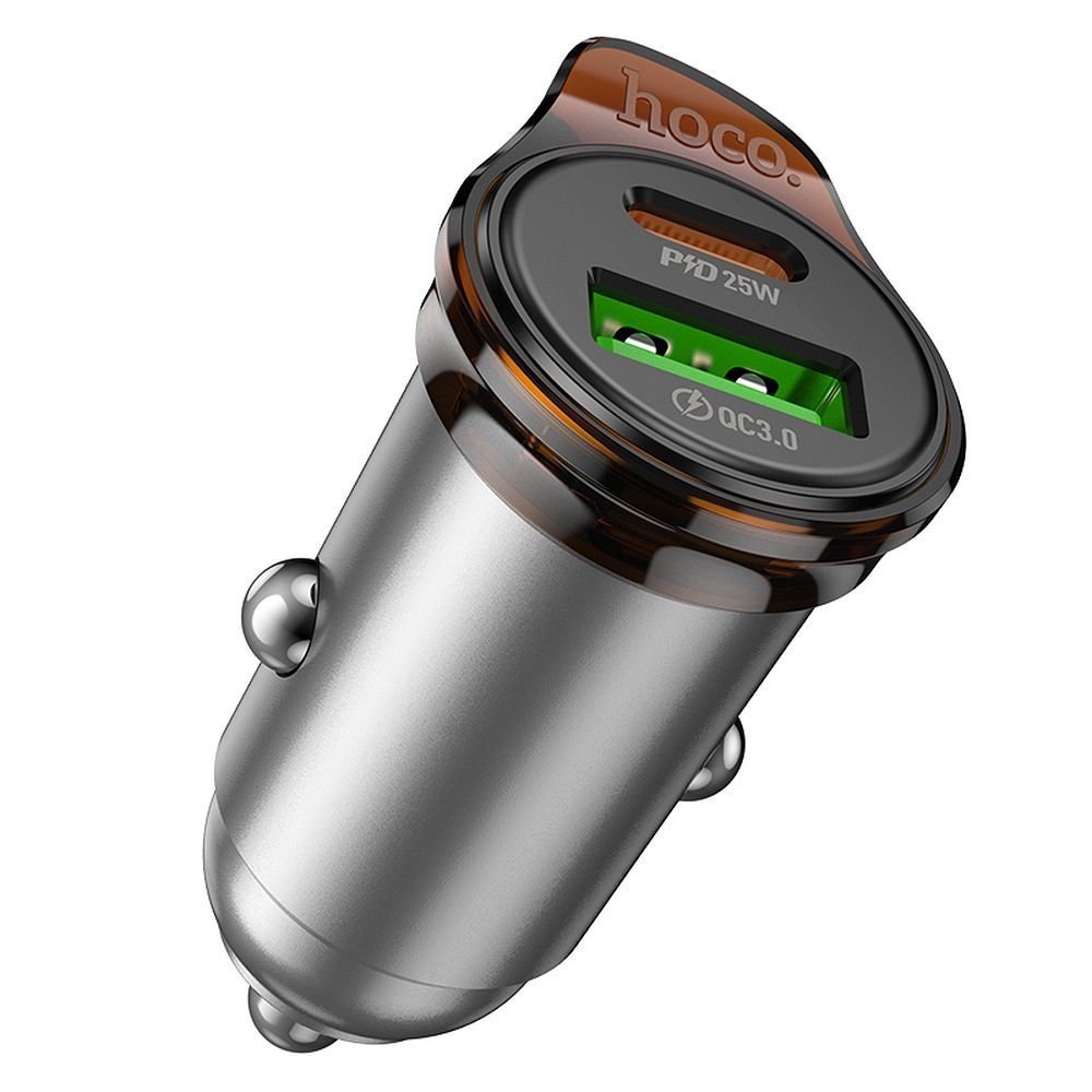Auto punjač s Lightning kabelom HOCO NZ16A, 43W, 3A, 1 x USB-A - 1 x USB-C, Sivi
