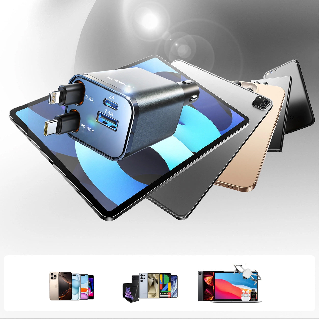 Auto punjač s USB-C / Lightning kabelom Joyroom JR-CCL05, 30W, 3A, 1 x USB-A - 1 x USB-C, Sivi