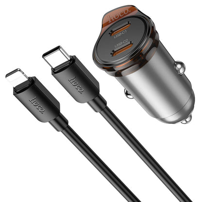 Auto punjač s Lightning kabelom HOCO NZ16B, 45W, 3A, 2 x USB-C, Sivi