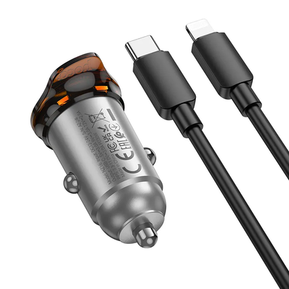 Auto punjač s Lightning kabelom HOCO NZ16, 30W, 3A, 1 x USB-C, Sivi