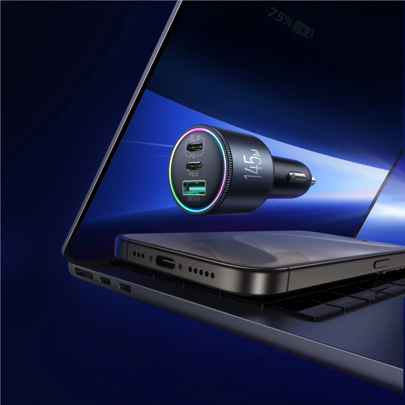 Auto punjač s USB-C kabelom Joyroom JR-CCN07, 145W, 5A, 1 x USB-A - 2 x USB-C, Sivi