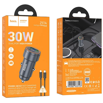 Auto punjač s Lightning kabelom HOCO Z57A, 30W, 3A, 1 x USB-A - 1 x USB-C, Sivi